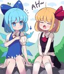  2girls arm_up bangs black_skirt black_vest blonde_hair blue_bow blue_dress blue_eyes blue_hair blush bow bush cirno closed_eyes closed_mouth clouds collar dress eyebrows_visible_through_hair food hair_between_eyes hair_ribbon hand_up ice ice_cream ice_wings long_sleeves looking_at_another multiple_girls open_mouth red_bow red_neckwear red_ribbon ribbon rumia shirt short_hair short_sleeves sitting skirt sky socks spoon sseopik touhou vest white_collar white_legwear white_shirt white_sky white_sleeves wings 