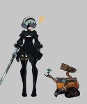  1girl ? absurdres black_blindfold black_dress black_hairband black_legwear blindfold clothing_cutout covered_eyes dress grey_background hairband highres holding holding_sword holding_weapon juliet_sleeves long_sleeves mole mole_under_mouth nier_(series) nier_automata plant puffy_sleeves rising_(risingacetrainer) robot simple_background standing sword thigh-highs wall-e wall-e_(character) weapon wide_shot yorha_no._2_type_b 