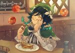  1boy androgynous apple bangs beret black_hair blue_hair bottle bow braid character_name closed_eyes closed_mouth collared_cape collared_shirt corset english_commentary english_text flower food food_on_face fork frilled_sleeves frills fruit genshin_impact gradient_hair green_headwear hair_flower hair_ornament hand_on_own_cheek hand_on_own_face happy_birthday hat holding holding_fork indoors leaf light_particles long_sleeves male_focus multicolored_hair plate shirt short_hair_with_long_locks smile symbol_commentary tongue tongue_out twin_braids venti_(genshin_impact) waffletop white_flower white_shirt window 