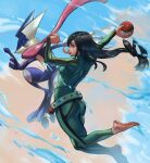  1girl 1other absurdres artistntraining ass asui_tsuyu barefoot belt bodysuit boku_no_hero_academia bow_by_hair crossover frog_girl gen_6_pokemon green_bodysuit green_eyes greninja hair_rings highres long_hair long_tongue low-tied_long_hair poke_ball pokemon tongue very_long_tongue water 