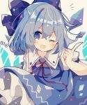  (9) 1girl ;d bangs blue_bow blue_dress blue_eyes blue_hair bow cirno dated dress eyebrows_visible_through_hair frilled_dress frills hair_between_eyes hair_bow highres ice ice_wings index_finger_raised looking_at_viewer mina_(sio0616) neck_ribbon one_eye_closed open_mouth puffy_short_sleeves puffy_sleeves red_neckwear red_ribbon ribbon short_hair short_sleeves smile solo touhou wings 