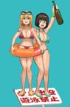  2girls absurdres aqua_background arm_up bangs bikini black_eyes black_hair blonde_hair blue_eyes bottle chanta_(ayatakaoisii) eyewear_on_head flip-flops green_bikini highres holding holding_bottle innertube long_hair multiple_girls original purple_bikini sandals short_hair simple_background standing swimsuit 