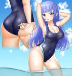  1girl absurdres arms_up ass black_swimsuit blue_hair blush breasts covered_navel day furude_rika highres higurashi_no_naku_koro_ni long_hair looking_at_viewer medium_breasts multiple_views one-piece_swimsuit outdoors partially_submerged shiny shiny_hair shiny_skin shirasagi9911 standing swimsuit thighs violet_eyes water wet 