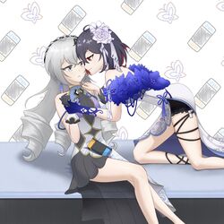  2girls bangs bare_shoulders black_gloves bronya_zaychik broseele closed_mouth dress drill_hair flower gloves grey_eyes grey_hair hair_between_eyes hair_flower hair_ornament highres holding_hands honkai_(series) honkai_impact_3rd long_hair looking_at_another multiple_girls nintendo_switch redhead seele_(alter_ego) seele_vollerei short_hair single_glove sitting smile twin_drills yuri 