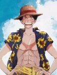  1boy abs bare_arms black_hair blush closed_eyes collarbone collared_shirt day facing_viewer floral_print hands_on_hips hat highres makenevemoiine male_focus monkey_d._luffy one_piece open_clothes open_mouth open_shirt outdoors pectorals print_shirt scar scar_on_cheek scar_on_chest scar_on_face shirt short_hair short_sleeves smile solo stomach straw_hat teeth toned toned_male upper_body 
