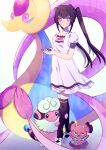  black_hair black_legwear bow character_name copyright_name cresselia dress flaaffy floating_hair gen_2_pokemon gen_4_pokemon gogat8 great_ball highres holding holding_poke_ball kneehighs legendary_pokemon long_hair looking_at_viewer pink_eyes poke_ball pokemon pokemon_(creature) senki_zesshou_symphogear shiny shiny_hair short_dress short_sleeves snubbull tsukuyomi_shirabe twintails white_bow white_dress white_footwear 