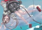  1girl absurdres blue_sky bow_(weapon) clouds commentary_request day fei_(feikotake) full_body grey_hair hachimaki hakama_pants headband high_ponytail highres japanese_clothes kantai_collection long_hair looking_at_viewer machinery outdoors ponytail sky solo weapon zuihou_(kancolle) 