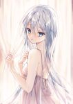  1girl absurdres bangs bare_arms bare_shoulders blue_eyes blush commentary_request curtains dabi_(dabibubi) dress eyebrows_visible_through_hair grey_hair hair_between_eyes hands_up highres long_hair looking_at_viewer looking_to_the_side parted_lips project_sekai sleeveless sleeveless_dress solo upper_body very_long_hair white_dress yoisaki_kanade 