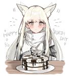  1girl animal_ear_fluff animal_ears aogisa arknights bangs blush cake closed_mouth commentary_request dated eyebrows_visible_through_hair food hair_between_eyes happy_birthday highres horse_ears long_hair looking_at_object platinum_(arknights) platinum_blonde_hair solo upper_body 