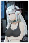  1girl absurdres arknights arm_under_breasts eyebrows_visible_through_hair female highres infection_monitor_(arknights) looking_at_viewer mudrock_(arknights) oripathy_lesion_(arknights) pointy_ears red_eyes solo sports_bra user_nehv4884 white_hair 