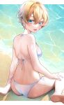  1girl absurdres apex_legends ass bangs barefoot beach bikini blonde_hair blue_eyes blush breasts from_behind hair_between_eyes highres looking_back medium_breasts nitogebeto open_mouth scar scar_on_cheek scar_on_face short_hair sitting smile soles solo swimsuit wariza water wattson_(apex_legends) white_bikini 