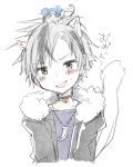  2boys animal_ear_fluff animal_ears bangs bell black_choker black_hair black_jacket blush brown_eyes cat_boy cat_ears cat_tail choker cropped_torso eyebrows_visible_through_hair fang fur-trimmed_jacket fur_trim grey_hair jacket jingle_bell kamiyoshi_rika kemonomimi_mode miniboy multicolored_hair multiple_boys neck_bell nijisanji on_head open_clothes open_jacket open_mouth parted_bangs simple_background smile streaked_hair suzuki_masaru sweat tail translation_request upper_body virtual_youtuber white_background 