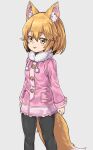  1girl :p animal_ear_fluff animal_ears bangs black_legwear blonde_hair blush_stickers buttons coat drawstring eyebrows_visible_through_hair feet_out_of_frame fox_ears fox_girl fox_tail fur_collar grey_background hair_between_eyes long_sleeves looking_at_viewer nyifu original pantyhose pink_coat pom_pom_(clothes) short_hair simple_background solo tail tongue tongue_out yellow_eyes 
