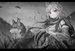  1girl aea animal animal_ears bangs bare_shoulders belt blue_eyes breasts detached_sleeves dog eyebrows_visible_through_hair grass greyscale hand_on_hilt letterboxed long_hair monochrome nyifu original outdoors red_eyes scarf serious small_breasts solo spot_color twitter_username wide_sleeves 