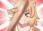 &gt;_&lt; 1girl animal_ear_fluff animal_ears baseball_bat blonde_hair blush bonk breasts cheemsburger_(doge) closed_eyes closed_mouth comedy dog_ears dog_girl doge drooling highres hinghoi meme merryweather original personification saliva saliva_trail solo sound_effects