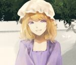  1girl bangs blonde_hair dress eyebrows_visible_through_hair grin hat leaf looking_at_viewer maribel_hearn medium_hair mob_cap outdoors poteimo_(poteimo622) purple_dress smile solo touhou upper_body violet_eyes 