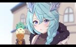  1girl blue_hair blurry blurry_background blush eyebrows_visible_through_hair food hair_between_eyes hair_ornament ice_cream kuroha_uma long_hair looking_at_viewer open_mouth princess_connect! shefi_(princess_connect!) violet_eyes 