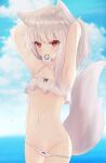  1girl animal_ear_fluff animal_ears armpits arms_up bangs bare_shoulders bikini biting blurry blurry_background blush breasts closed_mouth clouds collarbone cowboy_shot eyebrows_visible_through_hair fox_ears fox_tail groin highres long_hair looking_at_viewer navel original outdoors red_eyes sidelocks sirotuki_ito sky solo spaghetti_strap standing stomach swimsuit tail thighs under_boob water_drop white_bikini white_hair 