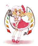  1girl :d ascot bangs blonde_hair blush bobby_socks commentary_request crystal eyebrows_visible_through_hair fang flandre_scarlet full_body hat heart holding holding_weapon laevatein_(touhou) mary_janes mob_cap one_side_up open_mouth puffy_short_sleeves puffy_sleeves red_eyes red_footwear red_skirt red_vest shoes short_sleeves simple_background skirt smile socks solo standing tanikake_yoku touhou vest weapon white_background white_headwear white_legwear wings yellow_neckwear 