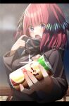  1girl bangs blue_eyes blush breath can coat cold fang go-toubun_no_hanayome hair_ribbon highres holding holding_can looking_at_viewer nakano_nino outdoors pink_hair ribbon scarf solo umetasuku winter_clothes winter_coat 