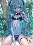  1girl aqua_eyes aqua_hair aqua_nails bikini black_bikini breasts breasts_apart dappled_sunlight full_body hand_up hatsune_miku korpokkur_kne leaf looking_at_viewer medium_breasts microphone navel parted_lips plant sitting solo sunlight swimsuit tree twintails vocaloid 