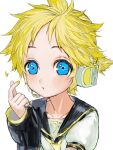  1boy black_sailor_collar blonde_hair blue_eyes blush detached_sleeves hand_up headset kagamine_len korpokkur_kne long_sleeves looking_at_viewer microphone sailor_collar short_hair short_sleeves simple_background solo vocaloid white_background yellow_nails yellow_neckwear 