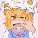  1girl animal_ears blonde_hair breasts commentary_request disembodied_limb dress face fang fox_ears hat ko_kage large_breasts pillow_hat pov pov_hands saliva short_hair simple_background solo_focus tabard touhou white_dress yakumo_ran yellow_eyes 