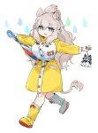  animal_ears blue_eyes boots character_doll commentary_request eyebrows_visible_through_hair full_body highres hood hood_down japari_symbol kemono_friends kemono_friends_3 lion_ears lion_girl lion_tail long_hair long_sleeves official_alternate_costume outstretched_arms raincoat rubber_boots silver_fox_(kemono_friends) spawnfoxy tail teruterubouzu umbrella white_hair white_lion_(kemono_friends) yellow_raincoat 