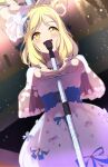 1girl :d bangs blonde_hair blue_ribbon blush braid buttons capelet choker corset crown_braid dress eyebrows_visible_through_hair floral_print flower flower_(symbol) hair_flower hair_ornament hair_rings highres jewelry love_live! love_live!_sunshine!! medium_hair microphone microphone_stand music ohara_mari open_mouth outstretched_hand pink_ribbon reflection ribbon sidelocks singing smile solo sophiaenju sparkle stage stage_lights swept_bangs white_dress yellow_eyes 
