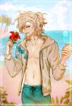  1boy 1other ahoge bangs beach collarbone dangan_ronpa_(series) dangan_ronpa_2:_goodbye_despair dangan_ronpa_s:_ultimate_summer_camp flower green_eyes green_male_swimwear grey_hair hibiscus holding holding_flower hood hoodie jacket komaeda_nagito long_sleeves looking_at_viewer male_focus male_swimwear medium_hair navel ocean open_mouth palm_tree ponytail ppap_(11zhakdpek19) red_flower smile solo_focus tree 