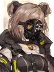  1girl absurdres breasts choker collarbone commission double_bun gas_mask girls_frontline highres hood light_brown_hair mask mask_on_head medium_breasts p90_(girls_frontline) red_eyes short_hair skeb_commission solo tawaketch 