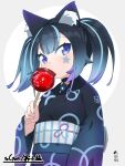  1girl animal_ear_fluff animal_ears bangs black_hair black_kimono blue_hair blush candy_apple commentary commission covered_mouth english_commentary eyebrows_visible_through_hair facial_mark food gradient_hair grey_background highres holding holding_food japanese_clothes kimono kuro_kosyou long_sleeves looking_at_viewer multicolored_hair obi original purple_kimono sash skeb_commission solo star_(symbol) streaked_hair two-tone_background upper_body violet_eyes white_background wide_sleeves 