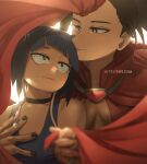  2girls bangs bare_shoulders black_choker black_eyes black_hair black_nails blurry blurry_background boku_no_hero_academia breasts brown_hair cape choker hand_on_another&#039;s_chest hands_up highres jirou_kyouka light long_hair looking_at_another medium_breasts multiple_girls nail_polish red_cape short_hair smile tank_top trubwlsum twitter_username upper_body yaoyorozu_momo yuri 