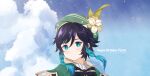  1boy androgynous bangs beret black_hair blue_hair bow braid cape character_name closed_mouth clouds cloudy_sky collared_cape collared_shirt day english_commentary english_text flower genshin_impact gradient_hair green_eyes green_headwear happy_birthday hat hat_flower highres leaf ledin1 looking_at_viewer male_focus multicolored_hair outdoors shirt short_hair_with_long_locks sky smile solo twin_braids venti_(genshin_impact) white_flower white_shirt 