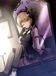  1girl ;) armband black_gloves blonde_hair closed_mouth dutch_angle garter_straps gloves green_eyes grey_legwear hair_ornament hat heart heart_hair_ornament idolmaster idolmaster_cinderella_girls idolmaster_cinderella_girls_starlight_stage layered_skirt looking_at_viewer miniskirt miri_(roll) mirror miyamoto_frederica one_eye_closed plaid_headwear purple_headwear shiny shiny_hair short_hair sitting skirt sleeveless smile solo striped striped_legwear thigh-highs vertical-striped_legwear vertical_stripes 