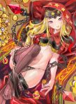  1girl blonde_hair breasts chain coin highres hood hoodie jewelry medium_hair midriff navel odin_sphere pantyhose puff_and_slash_sleeves puffy_sleeves red_hood ring small_breasts solo striped striped_legwear tim_(a9243190a) velvet_(odin_sphere) vertical-striped_legwear vertical_stripes violet_eyes 
