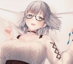  1girl aqua_eyes bed bed_sheet black_choker blue_ribbon blush braid breasts choker commentary crown_braid eyebrows_visible_through_hair glasses grey_sweater highres hololive large_breasts looking_at_viewer lying moubun_nisei official_alternate_costume on_back on_bed open_mouth ribbed_sweater ribbon semi-rimless_eyewear shirogane_noel short_hair silver_hair smile snowflake_choker solo sweater sweater_tucked_in upper_body virtual_youtuber watch watch 