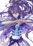  1boy hair_between_eyes highres holding holding_sword holding_weapon kamui_gakupo korpokkur_kne long_hair long_sleeves parted_lips ponytail purple_hair purple_nails rope shadow simple_background solo sword very_long_hair vocaloid weapon white_background 