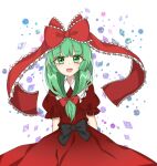  1girl bangs black_bow bow collar crystal dress dress_bow eyebrows_visible_through_hair eyes_visible_through_hair gradient gradient_dress green_eyes green_hair hair_bow jewelry kagiyama_hina lineart long_hair looking_at_viewer open_mouth puffy_short_sleeves puffy_sleeves red_bow red_dress red_sleeves short_sleeves smile solo touhou white_background white_collar 