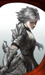  1girl absurdres androgynous armor breastplate brown_eyes closed_mouth gauntlets gradient gradient_background greaves grey_hair grey_theme highres holding holding_weapon intemind muscular muscular_female original pauldrons pink_lips severed_hair short_hair shoulder_armor smile solo turtleneck weapon 