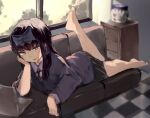  1girl bangs barefoot black_hair black_neckwear black_ribbon black_skirt blue_bow bow collared_shirt commentary computer cookie_(touhou) couch drawer earrings full_body hair_bow head_rest highres indoors jacket jewelry laptop long_hair long_sleeves looking_at_viewer lying neck_ribbon on_stomach open_mouth purple_jacket ribbon rizeass shirt shunga_youkyu skirt solo star_(symbol) star_earrings star_sapphire the_pose touhou violet_eyes white_shirt window 