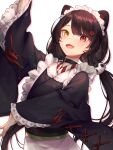  1girl :3 :d animal_ears black_hair collar dog_ears dog_hair_ornament eyebrows_visible_through_hair fangs flower hair_flower hair_ornament heterochromia highres inui_toko long_hair long_sleeves looking_at_viewer low_twintails maid_headdress nanayorik_(kiula_moeta) nijisanji open_mouth red_eyes simple_background skin_fangs smile solo symbol_commentary twintails upper_body virtual_youtuber wa_maid white_background yellow_eyes 
