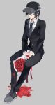  1boy alternate_costume bangs black_footwear black_hair black_jacket black_pants bouquet chachi_(azuzu) collared_shirt commentary_request dangan_ronpa_(series) dangan_ronpa_v3:_killing_harmony flower full_body grey_background hat invisible_chair jacket looking_at_viewer male_focus necktie pants red_flower red_rose rose saihara_shuuichi shirt shoes short_hair simple_background sitting solo white_shirt yellow_eyes 