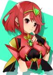  1girl absurdres bangs black_gloves breasts chest_jewel earrings fingerless_gloves gem gloves headpiece highres jewelry large_breasts nightwitch9612 pyra_(xenoblade) red_eyes red_shorts redhead short_hair short_shorts shorts swept_bangs tiara xenoblade_chronicles_(series) xenoblade_chronicles_2 
