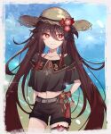  1girl arm_behind_back bangs beach belt commentary_request earrings eyebrows_visible_through_hair flower flower-shaped_pupils genshin_impact grey_belt hand_on_hip hat hat_flower highres hu_tao_(genshin_impact) itonatsu jewelry long_hair navel red_eyes red_flower redhead shorts sidelocks solo sun_hat thigh_strap very_long_hair 