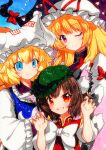  3girls bangs blonde_hair blue_background blue_eyes blue_vest bow breasts brown_hair chen closed_mouth dress eyebrows_visible_through_hair eyes_visible_through_hair frills gap_(touhou) green_headwear hair_bow hands_together hat hat_bow long_hair long_sleeves looking_at_viewer medium_breasts multicolored multicolored_eyes multiple_girls one_eye_closed open_mouth pink_eyes puffy_short_sleeves puffy_sleeves purple_vest qqqrinkappp red_bow red_dress short_hair short_sleeves simple_background smile touhou traditional_media vest violet_eyes white_bow white_dress white_headwear white_sleeves yakumo_ran yakumo_yukari 