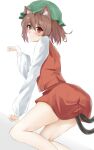  1girl 258n animal_ear_fluff animal_ears ass bent_over blush brown_hair cat_ears cat_tail chen dress dutch_angle feet_out_of_frame hat highres light_smile looking_at_viewer looking_back mob_cap multiple_tails nekomata paw_pose red_dress red_eyes short_hair simple_background solo tail touhou two_tails white_background 