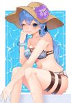  1girl bikini blue_bikini blue_eyes blue_hair bracelet breasts collarbone commentary_request cowboy_shot flower gotland_(kancolle) hat highres jewelry kantai_collection kozu_(bloomme1_me) long_hair looking_at_viewer medium_breasts mole mole_under_eye one_eye_closed purple_flower sitting solo sun_hat swimsuit 