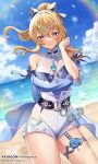 1girl bare_shoulders beach blonde_hair blue_eyes blue_sky blush bow breasts brooch clouds dandelion detached_sleeves falling_petals flower genshin_impact hair_bow high-waist_shorts high_ponytail highres jean_gunnhildr jewelry large_breasts looking_at_viewer outdoors pantheon_eve petals rainbow sand shore sidelocks sky smile standing thighlet thighs water 
