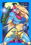  1girl arm_blade arm_cannon blonde_hair blue_eyes crop_top english_text fusion_suit long_hair looking_at_viewer metroid metroid_fusion mike_luckas navel pose power_armor samus_aran smile solo space stomach toned weapon 